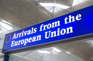 Arrivals from the European Union customs channel at Stansted Airport, England, Britain UK